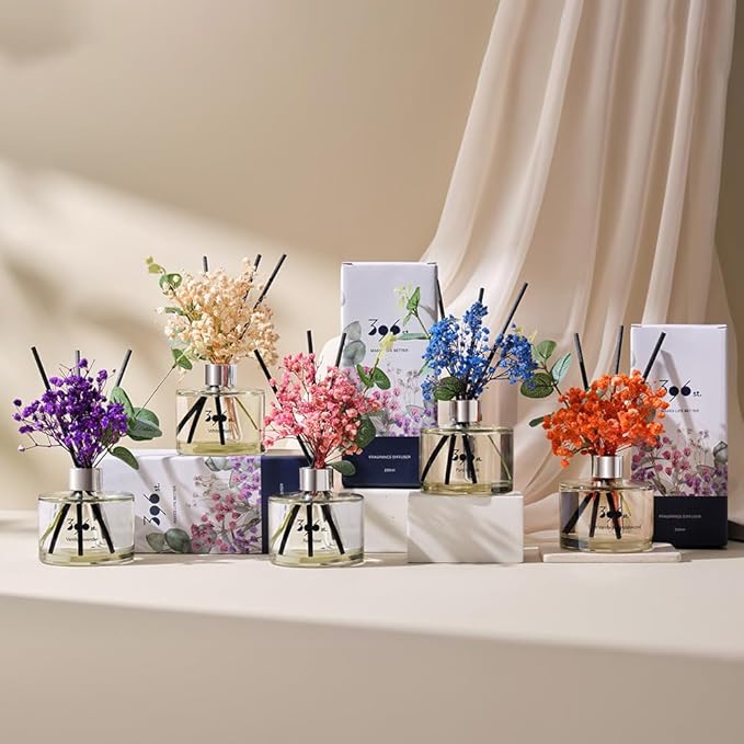 396 st. Preserved Baby's Breath Flower Reed Diffuser, Black Cherry, 200ml(6.7oz) / Reed Diffuser Sets, Home Fragrance, Scented Oils, Home & Bathroom Décor