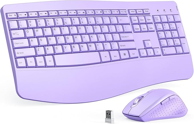 Ergonomic Keyboard and Mouse Combo - Full Size Keyboard Cordless with Palm Wrist Rest Ergonomic Mouse Wireless for Windows Computers Laptops - Light Purple (Upgrade)