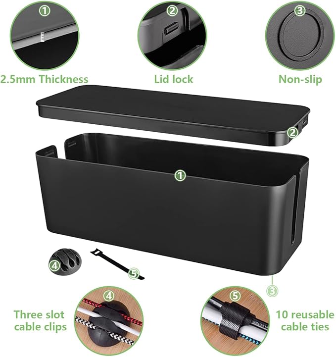 Cable Management Box, Large Cord Organizer Box to Hide Power Strip & Under Desk,TV Computer Wires Cable Organizer Hider Box with Cable Clips&Reusable Cable Ties for Home/Office(Black)