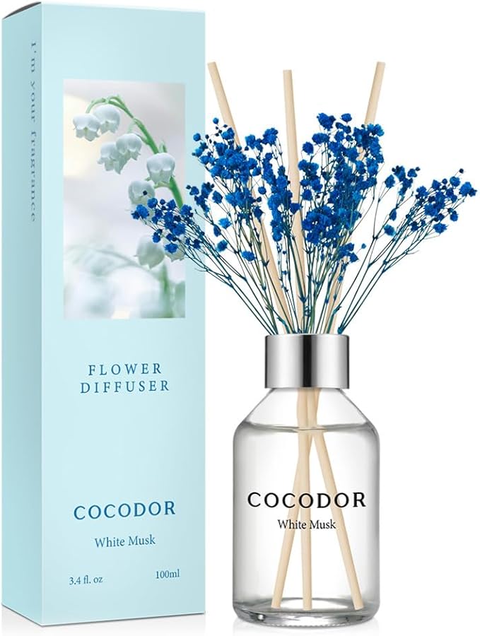 COCODOR Flower Reed Diffuser Set / 3.4oz / White Musk/Scent Diffuser with Sticks Home Fragrance Reed Diffuser for Bathroom Shelf Decor