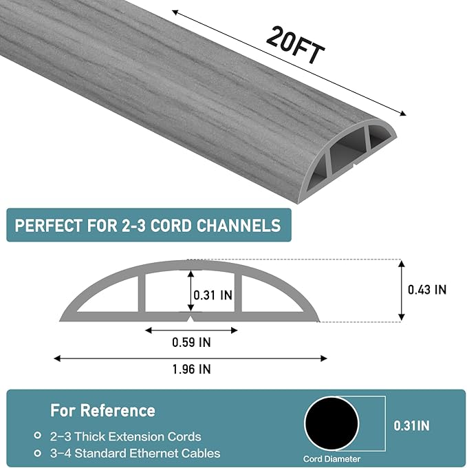 Floor Cord Cover Self Adhesive Cord Hider Floor Extension Cord Covers for Floor Power Cord Protector Cable Management Prevent Cable Trips Cable Cavity 0.59" W x 0.31" H (Light Grey Wood, 20Ft)