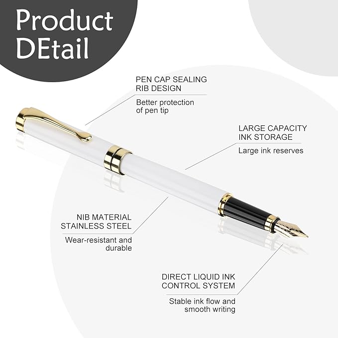 Tiankool Luxury Fountain Pen,Fine Nib, Exquisite Pen Gift Set for Men&Women-Includes 10 Ink Cartridges&Ink Converter- Nice Pens - White