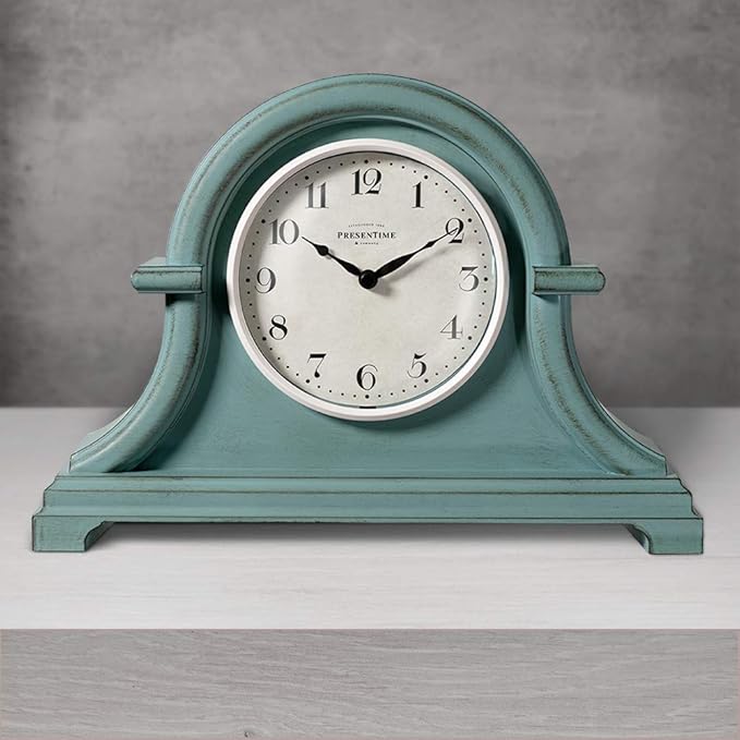 Presentime & Co. Mantel Clock Vintage Farmhouse Series, Napoleon Desk & Shelf Clock, 13 x 10 inch, Domed Lens, Quartz Movement, ABS Plastic Case, Aged Teal Finish (Home/Tabletop Decoration)