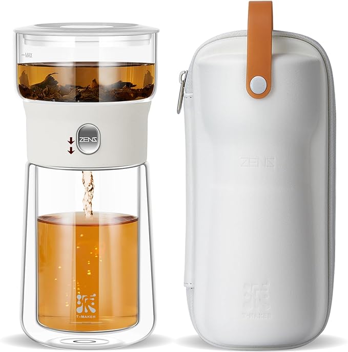 ZENS Modern Tea Pot, Glass Teapot with Infusers for Loose Tea Diffusers with One Touch Pouring, Cool Portable Tea Maker with Insulated Tea Mug and Travel Tea Kits for Tea Lover Gifts