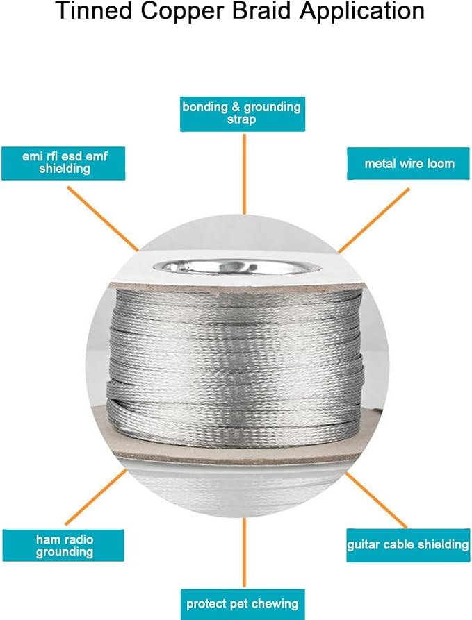 Tinned Copper Braided Cable Shielding Sleeve Metal Wire Loom Sheathing EMI RFI ESD Protector Grounding Mesh Flat Tubular Expandable 1/4" W(0.16" ID)-30FT