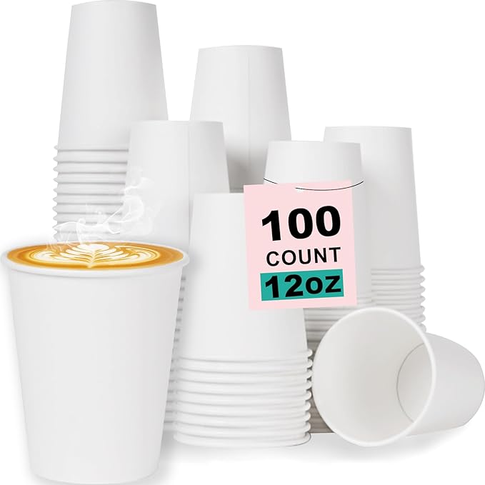 Paper Coffee Cups 12 OZ Disposable Hot and Cold Cups, Leak-Proof White Cups for Coffee, Tea, Ideal for Home, Office, and Events (100 Count)