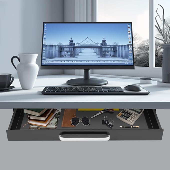 21.5" Under Desk Drawer Slide Out For Office Desk with 2 Dividers, Storage Organizer For Sit Stand Workstation, Black