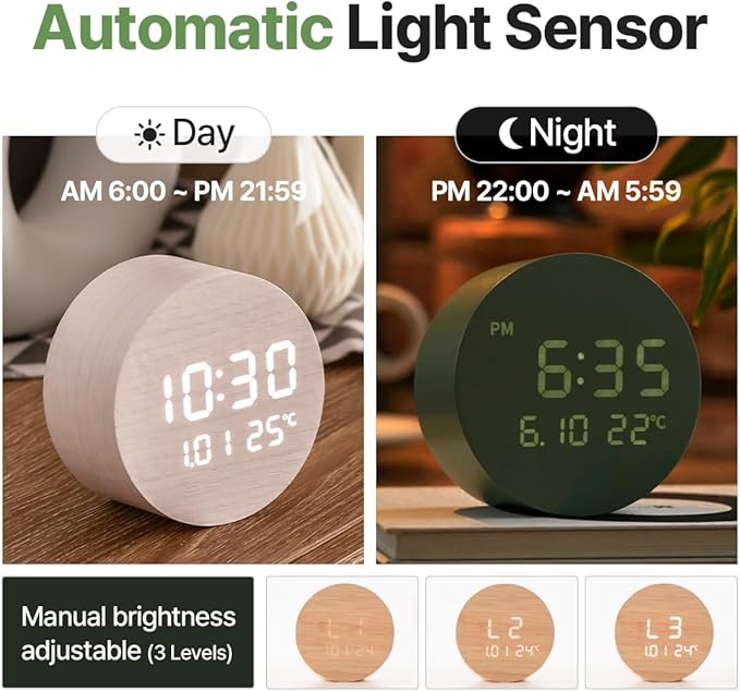 FLT Moonfall Wood Interior LED Desk Clock-Maple (Designed in Korea)- Time, Date, Temperature Display, Customizable Alarms, Auto Brightness, Compact 3.46-Inch Size, USB Cable & Adapter Included