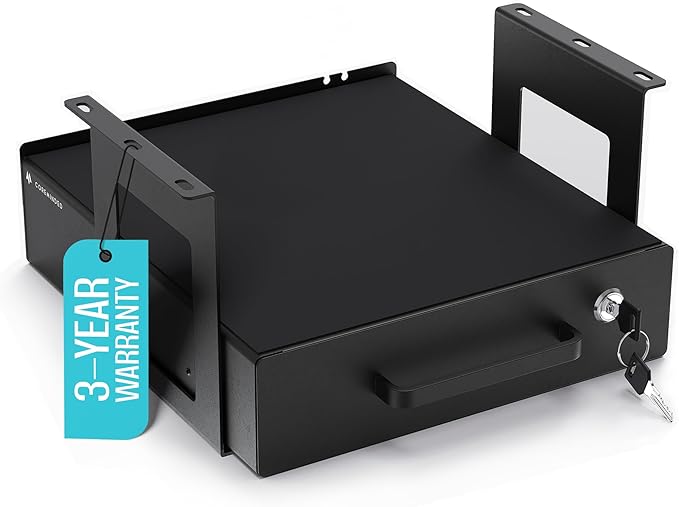 Under Desk Drawer Slide-Out – Lockable Metal Storage Drawer with Cable Management for Office & Home (Single, Bracketed)