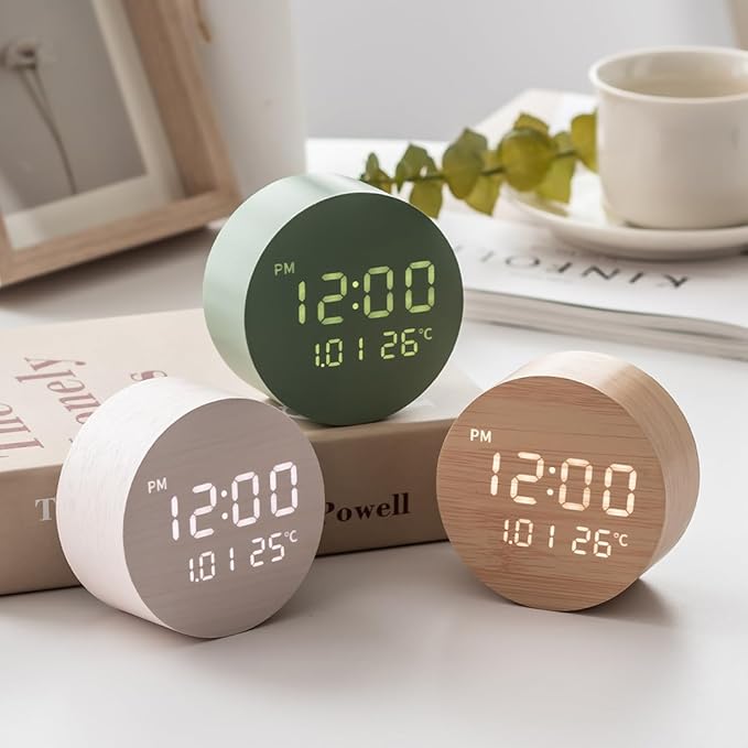 FLT Moonfall Wood Interior LED Desk Clock-Maple (Designed in Korea)- Time, Date, Temperature Display, Customizable Alarms, Auto Brightness, Compact 3.46-Inch Size, USB Cable & Adapter Included