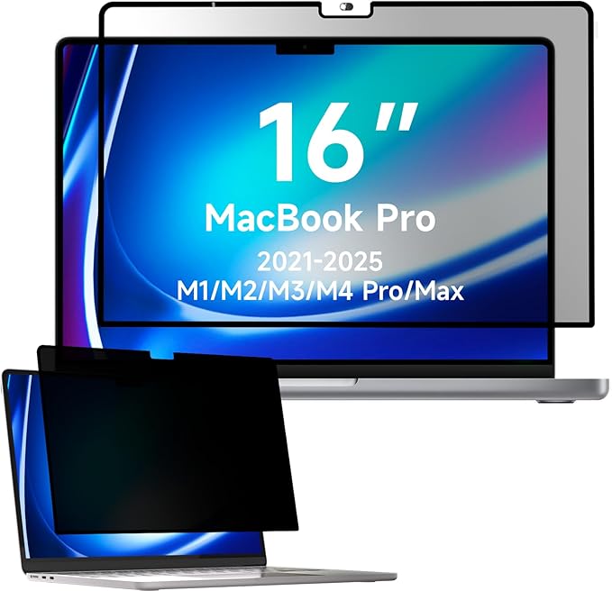 Mamol Privacy Screen for MacBook Pro 16 Inch (2021-2025, M1, M2, M3, M4) - A2991 A2485 A2780, MagicSuction™ Removable Vacuum Adsorption Anti Spy,Anti Glare Anti Blue Light Filter