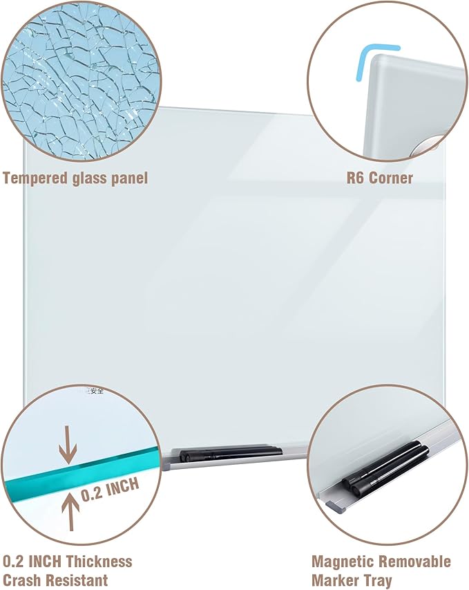 Mifuro Magnetic Glass Whiteboard，48"x36" Wall Mounted Frameless Dry Erase Board for Office, Home & School White