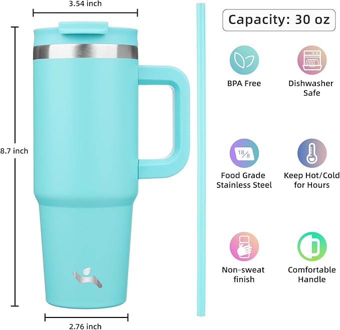 30 oz Tumbler with Handle and 2 Straws,2 in 1 Lid Insulated Water Bottle Stainless Steel Travel Coffee Mug,Turquoise