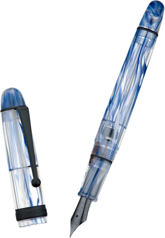 Asvine V126 Vacuum Filling Fountain Pen Blue Swirl Acrylic, Medium Nib Large-Capacity with Gift Case