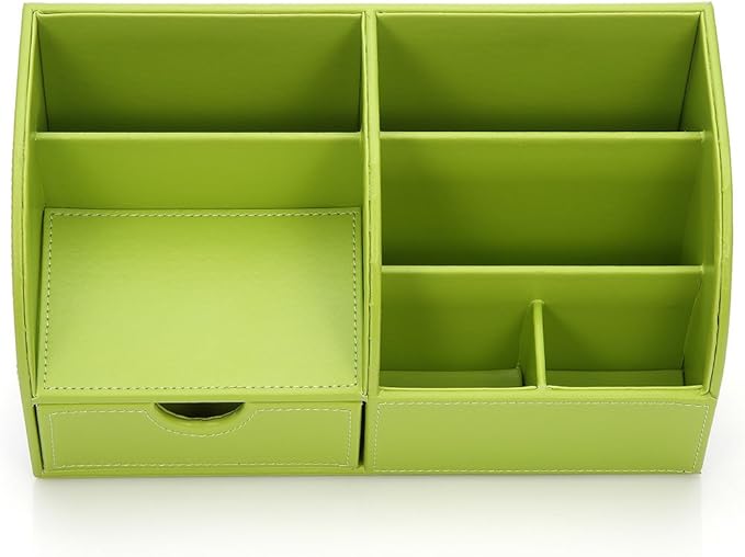 KINGFOM Pu Leather Desk Organizer Pen Pencil Holder Office Supplies Caddy Storage Box 6 Compartments with Drawer Green