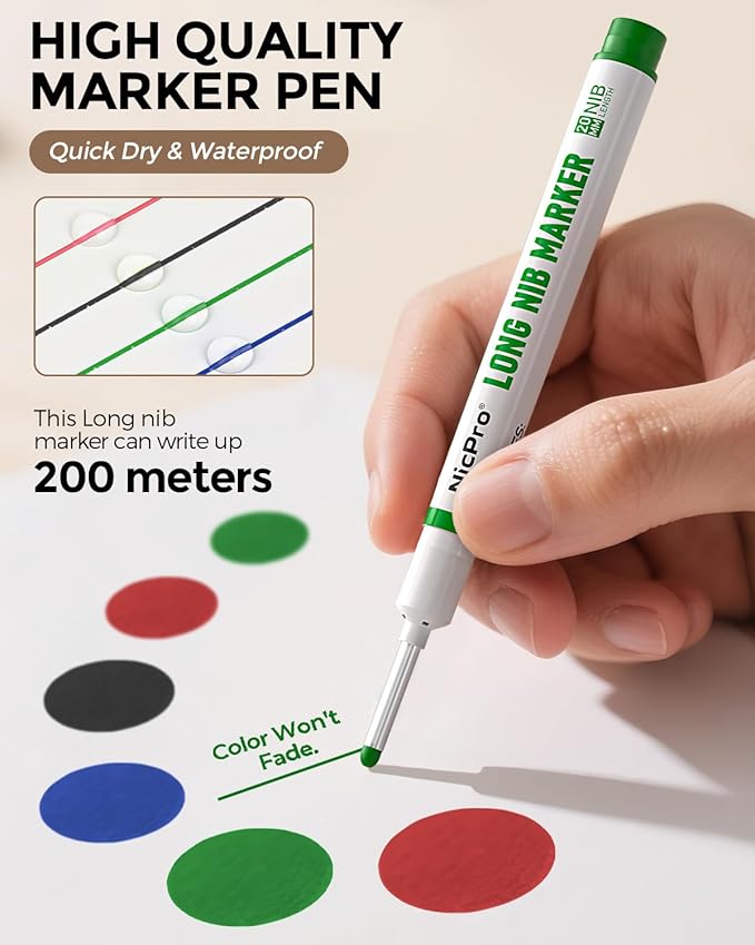 Nicpro 8 PCS Long Nib Marker Pens, 20mm Deep Hole Marker, Quick Dry & Waterproof Construction Markers, Long Head Markers for Metal, Steel, Tile, Glass, Carpenter Marking Pen for Woodworking (4 Colors)