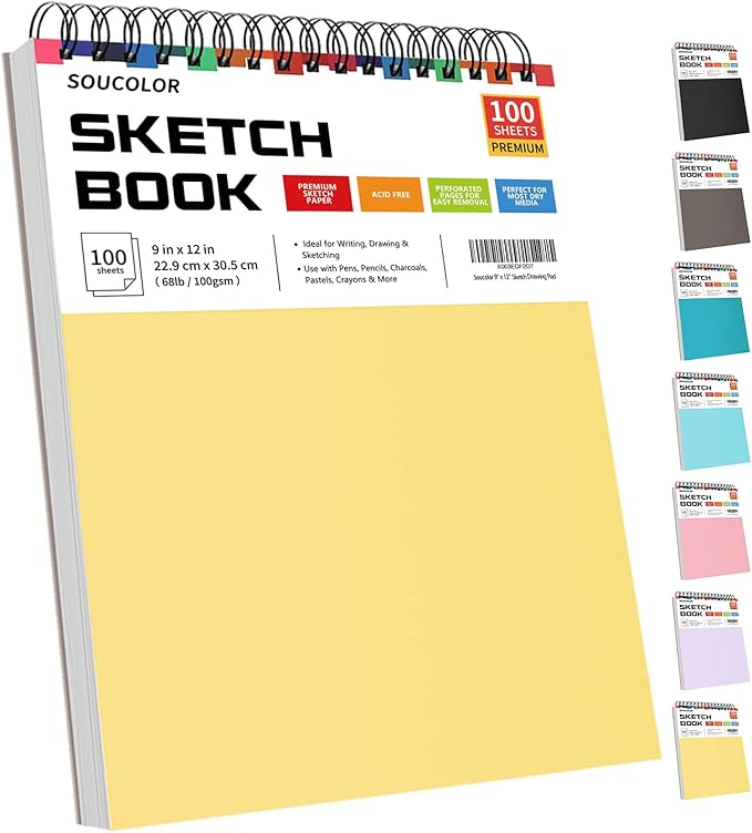 College Graduation Gifts, Halloween Christmas Gifts, Nursing Student Essentials, Teacher Appreciation Gifts, Soucolor 9" x 12" Yellow Sketch Book, 1-Pack 100 Sheets Spiral Bound Drawing Paper