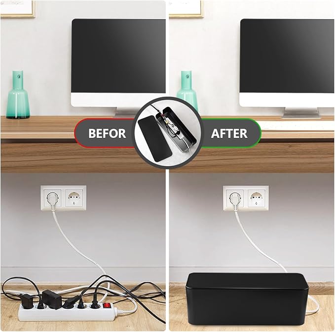 Cable Management Box - Large Cable Organizer Box to Hide Wires & Power Strips, TV & Desk Computer Wires, Cord Organizer Box for Home & Office, Black