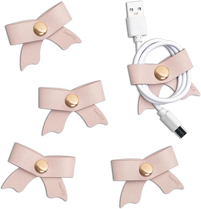 SenseAGE 5 Pack Cord Organizer, Bow Cord Keeper, Cable Organizer USB Holder, Leather Cable Management, Cable Straps, Earphone Winder, Storage Straps for Electronics, Earbuds (Dusty Rose, Small)