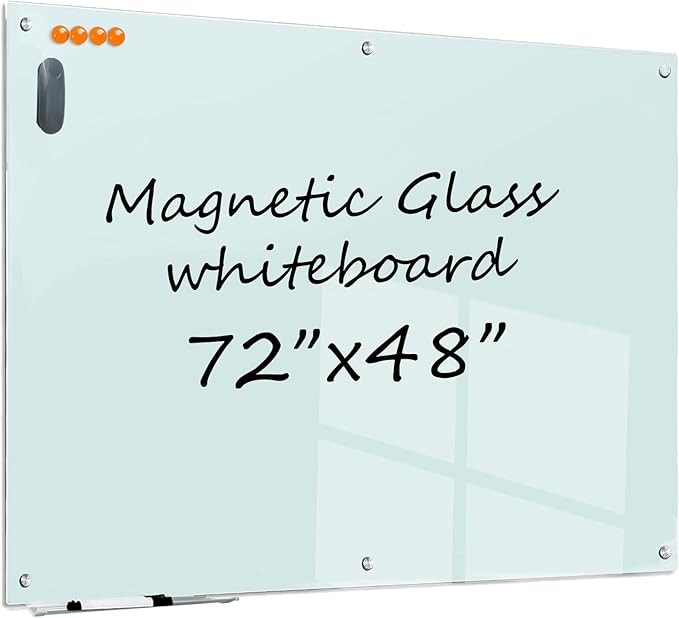 Large Glass Dry Erase Board - 72"x 48" Frameless White Board with Super Strong Magnets, Glass Whiteboard for Office School Home, Wall Mounted