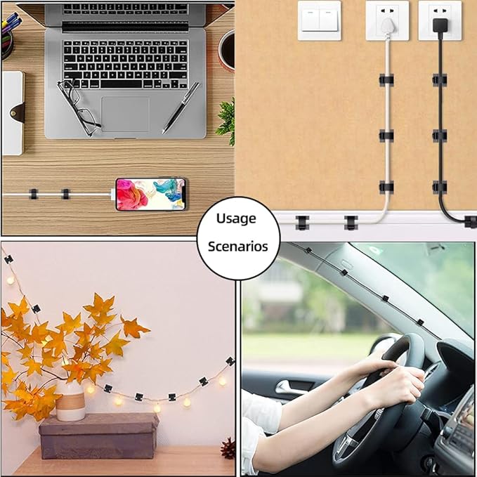 100 PCS Adhesive Cable Clips Cord Organizer (Small, Medium,Large),Wire Holder for Cable Management, Outdoor Light Clips Light Hooks for LED String,Car Dash Cam, Extension Cord (Black)
