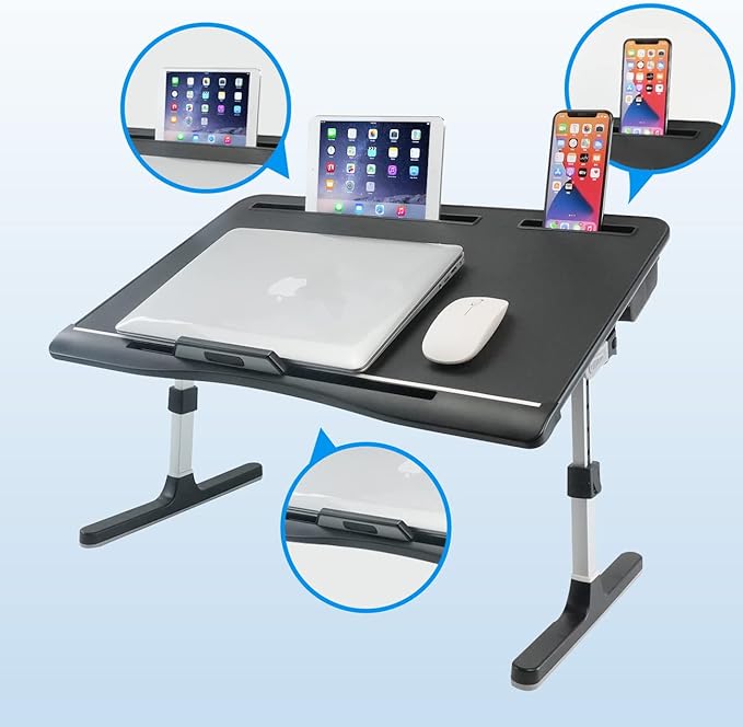 Laptop Bed Tray Table [Luxury PVC Leather], Adjustable Laptop Desk for Bed, Foldable Lap Desk for Laptop with 2 Drawers, Multifunctional Table for Working, Eating, Writing, Gaming, Drawing