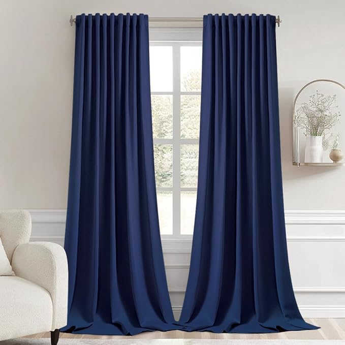 MIULEE Navy Blue Back Tab Blackout Curtains 120 Inch Long 2 Panels Set