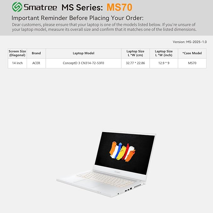 Smatree MS70 Hard EVA Protective Sleeve with Stand Compatible for 14 inch Acer ConceptD 3 Laptop - CN314-72-53F0 Laptop, Waterproof and Anti-Shock Bag,White
