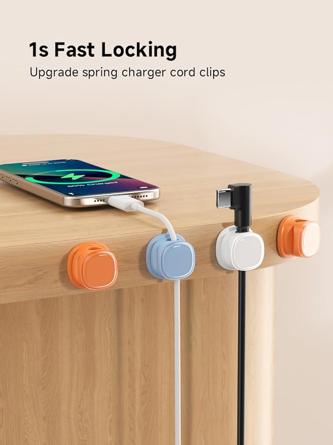 9 Pack Cord Organizer, Spring Cable Management, Adhesive Cute Cable Holder Clips, Phone Charger Wire Keeper for Desk Nightstand Car Office (9-Pack White_Orange_Blue)