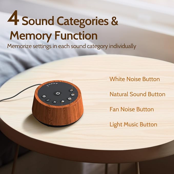 Color Noise Sleep White Noise Sound Machines 25 Soothing Sounds 32 Volume Levels 5 Timers and 4 Sound Categories Memory Function for Everyone, WOOD