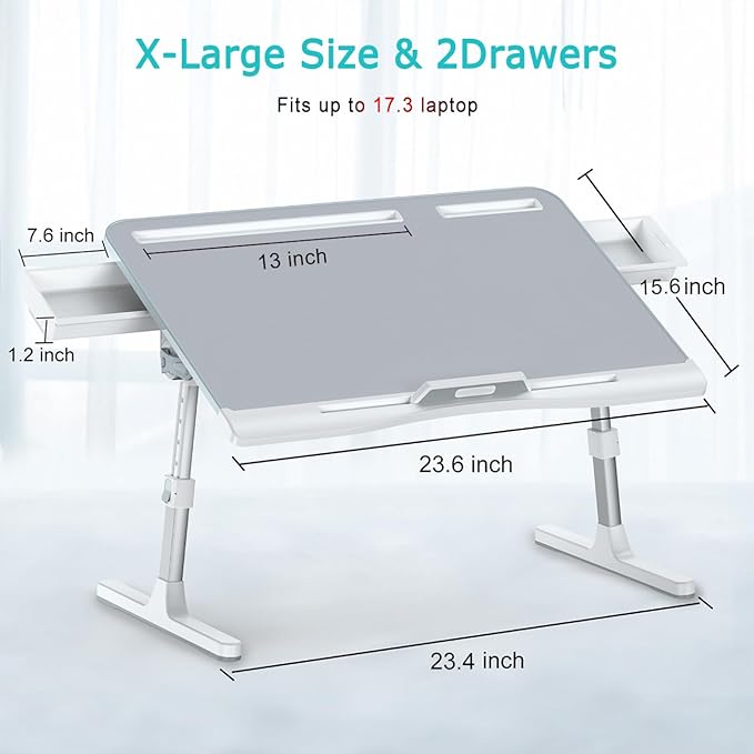 Laptop Bed Tray Desk, Foldable and Adjustable Lap Table with Heights and Angles, Upgraded-Sturdy Laptop Lap Desk for Bed/Sofa/Couch/Floor (2 Drawers, X-Large, Grey)