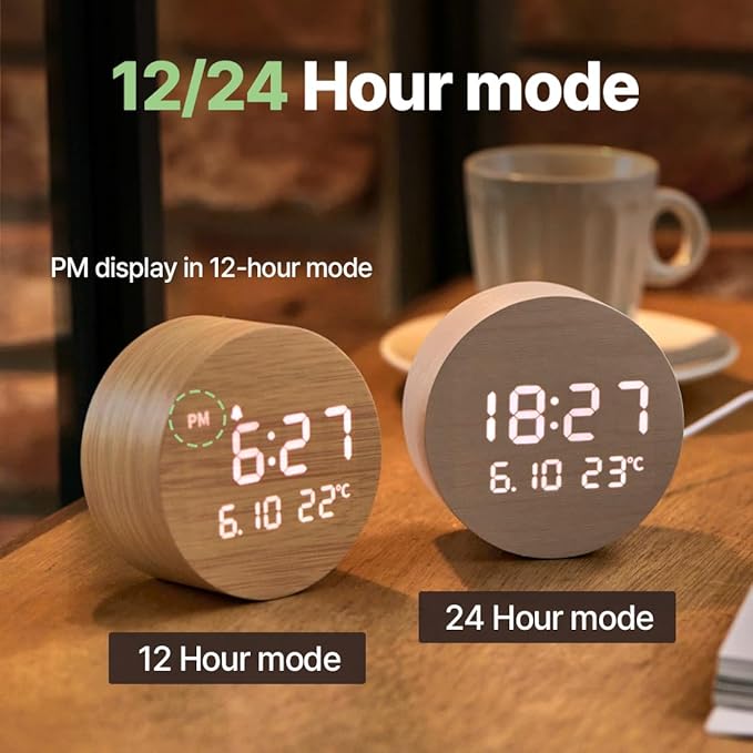 FLT Moonfall Wood Interior LED Desk Clock-Maple (Designed in Korea)- Time, Date, Temperature Display, Customizable Alarms, Auto Brightness, Compact 3.46-Inch Size, USB Cable & Adapter Included