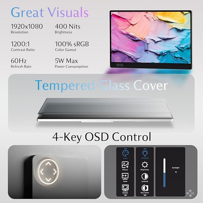 SOTSU FlipAction Go 14" Premium Portable Monitor SFA14PMSV | Robust but Lightweight | Tempered Glass Cover | 1080p | 400 Nits | 100% sRGB | 5W | Super Versatile | USB C or Mini HDMI