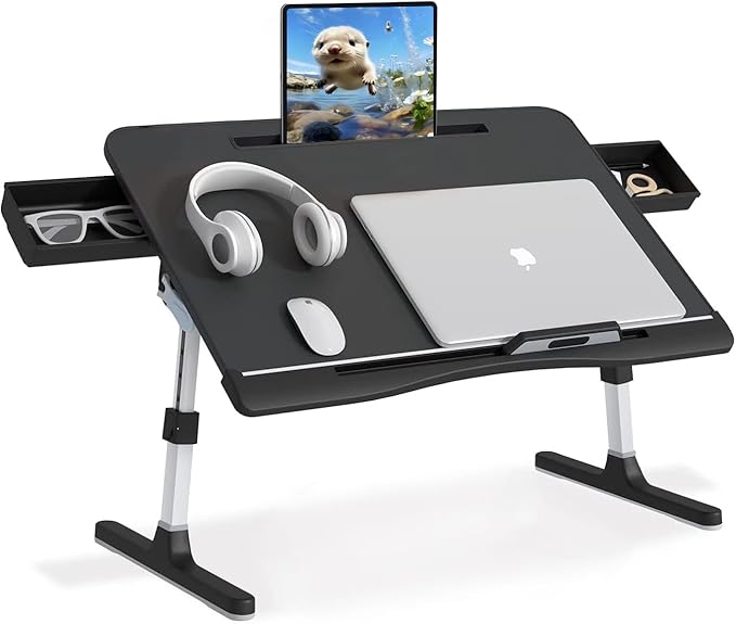 Bed Desk for Laptop, Adjustable Lap Desk with 2 Storage Drawers, Premium PVC Leather, Foldable Laptop Table for Eating, Working, Writing and Drawing