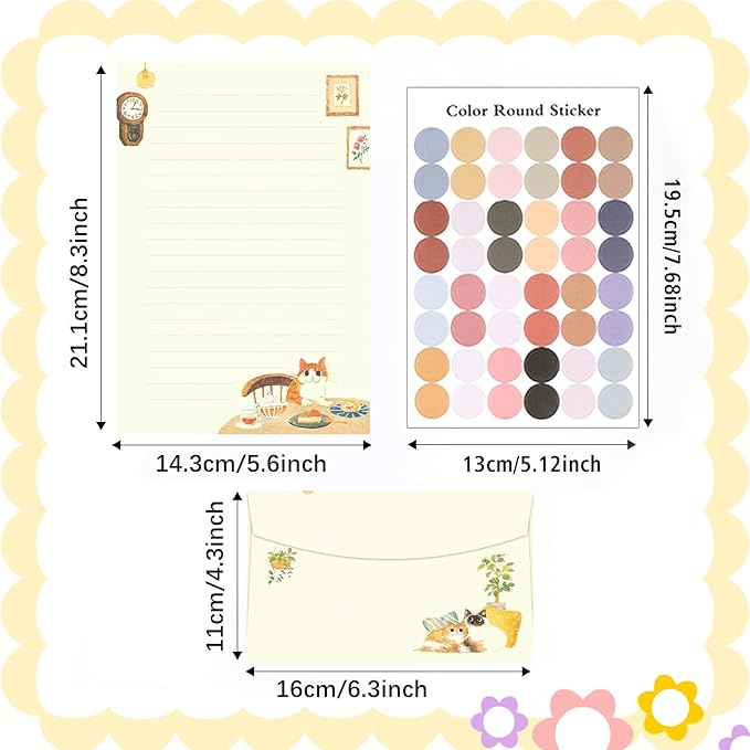 37 Pcs Stationery Paper Envelopes Set Includes 24 Lined Writing Paper & 12 Envelopes with 48 Colorful Round Dot Stickers, Cute Vintage Cat Letter Writing and Stationery Paper Envelopes(4Style)