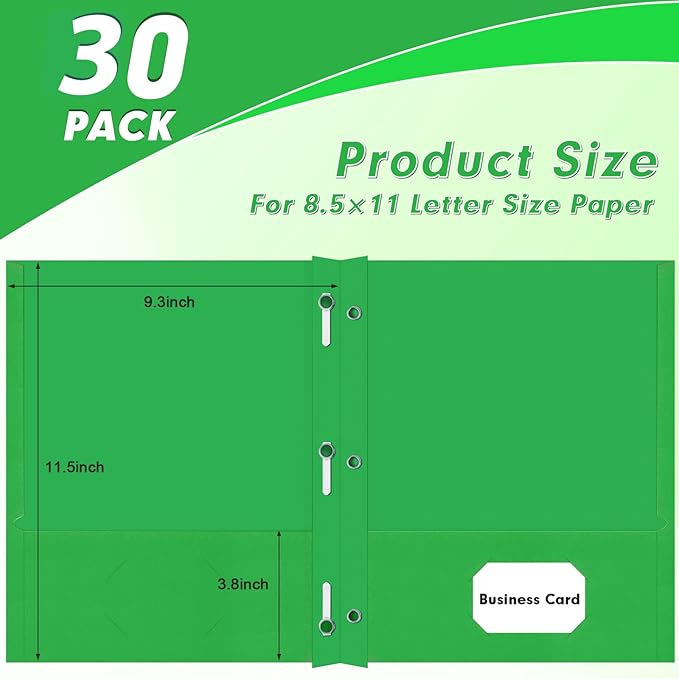 Two Pocket Folders, PANDRI 30 Pack Two Pocket Folders with Prongs, 3 Prong Folders Designed for Office and Classroom, Letter Size Green