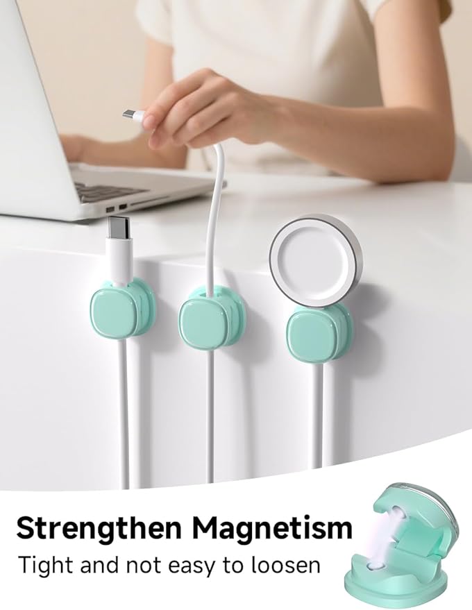 Magnetic Cable Clips, Adjustable Cord Holder Management, Adhesive Wire Keeper Organizer for Home Office Desk Phone PC Car Wall Desktop Nightstand Appliance (9-PCS Cyan)