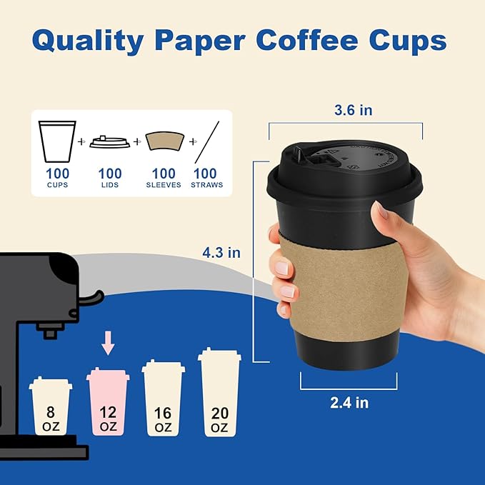 Coolcap 12 oz 100 Pack Coffee Cups with Lids and Sleeves, Straws, Hot Disposable To Go Travel Paper Cups Bulk for Office, Home Coffee Bar Accessories, Chocolate, Cocoa, Beverage (Black)