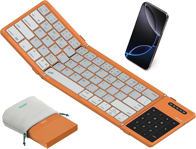 Nillkin Upgraded Foldable Bluetooth Keyboard with Touchpad & Number Pad, Portable Wireless Keyboard for Travel, Pocket-Sized, Full Size Keys, Support 3 Devices for iPad Laptop Tablets Phone, Orange