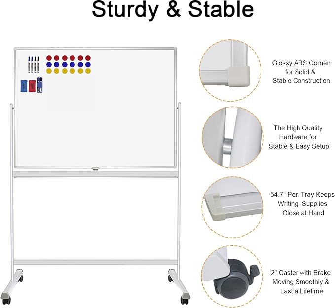 H-Qprobd Rolling Whiteboard with Stand 48"x36" Double-Sided Mobile Magnetic Dry Erase Board on Wheels for Home, Office & School