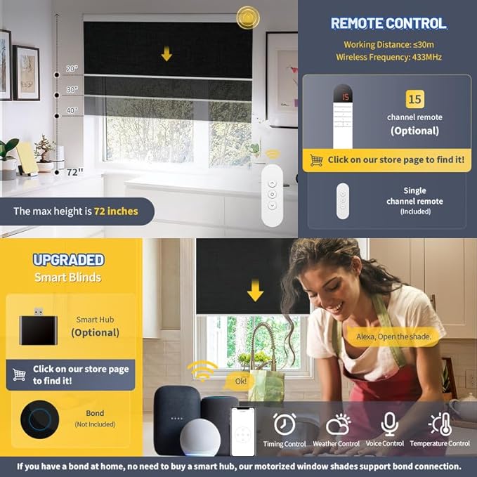 Motorized Smart Blinds With Remote, Grasscloth Fabric Roller Shades With