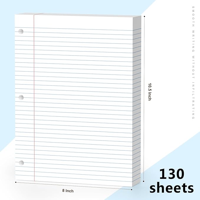 4-Pack White Loose Leaf Paper 520 Sheets Filler Paper 8 * 10.5 College Ruled 3-Hole Punched for 3-Ring Binders Notebook Lined 8" x 10.5"