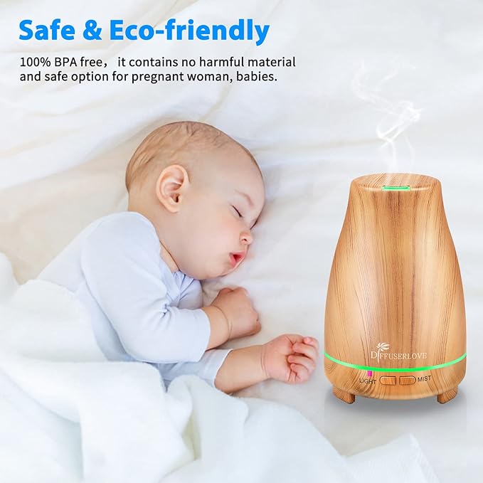 Diffuserlove Essential Oil Diffusers 200ML Diffuser Remote Control Aromatherapy Diffuser with 7 Color Lights, Auto Shut-Off for Bedroom Office Kitchen (Yellow Wood Grain)