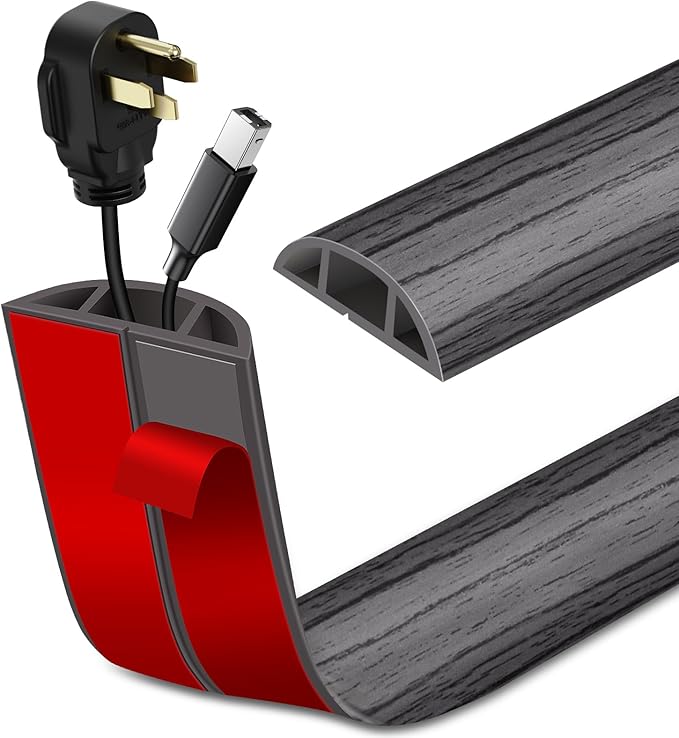 Floor Cord Cover Self Adhesive Cord Hider Floor Extension Cord Covers for Floor Power Cord Protector Cable Management Prevent Cable Trips Cable Cavity 0.51" W x 0.31" H (Deep Grey Wood, 3.3Ft)