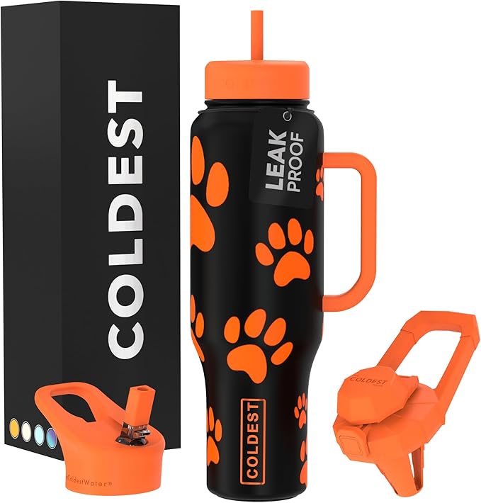 Coldest Tumbler with Handle and Straw, 100% Leak Proof Insulated Tumbler with Lid and Straw (3 Lids), Stainless Steel Tumblers for Women & Men, Cup Holder Friendly Base, 46 oz (Pumkin Paws)