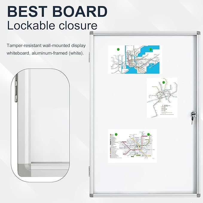 Lockable Magnetic Enclosed 36x24 inches Dry-Erase whiteboard, Tamper-Resistant Wall-Mounted Display whiteboard, Aluminum-Framed Window whiteboard (White)