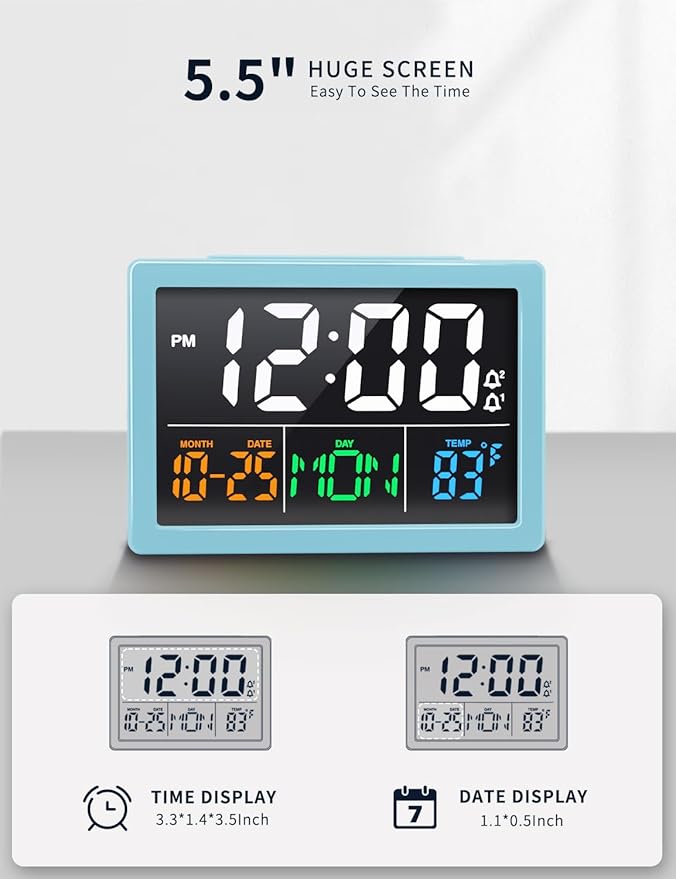 Digital Alarm Clock, with 5.5" Large LED Time Display, Adjustable Alarm Volume, 6 Level Brightness, Alarm Settings, USB Charger, Temperature Detect, Snooze, Clocks for Bedroom, Bedside, Desk, Blue
