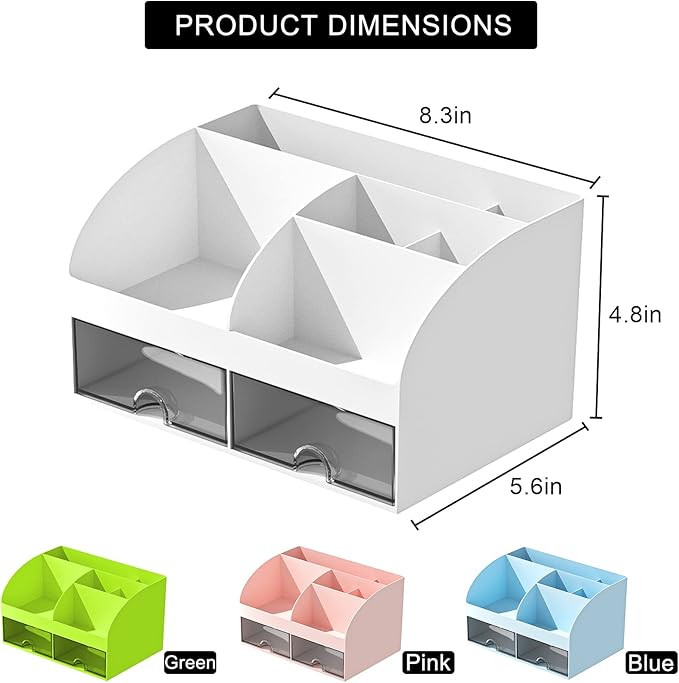 Desk Organizer with 6 Compartments and 2 Drawers, Plastic Makeup Organizer, Pen Holder for Desktop Storage, Desk Organization for School, Home, Office Supplies (White-2Pack)