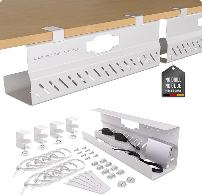 Under Desk Cable Management Tray no Drill – Wire Management - Cord Organizer – Huge Load Capacity – Under Desk Cable Tray no Drill (White, 2 Pieces Set)