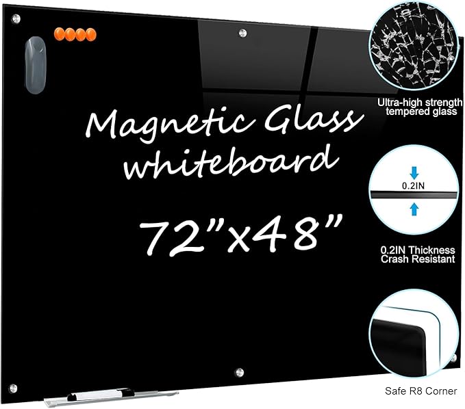 Black Glass Dry Erase Board - 72"X48" Magnetic Blackboard Large Frameless Whiteboard Clear Glass Wlack Boards with Super Strong Magnets, Wall Mounted for Office, School and Home